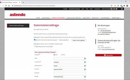 Screenshot eines Stammdatenpflegeformulars in der astendo webExtension