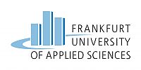 Blaues Symbol mit drei Hochhäusern auf weißem Hintergrund mit Schriftzug der Frankfurt University of Applied Sciences