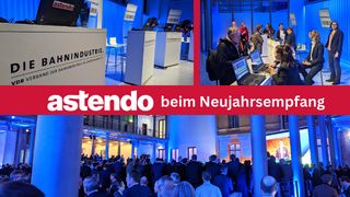 Drei Stimmungsbilder mit Menschen bei Neujahrsempfang des Verbands der Bahnindustrie in Telekom-Hauptstadtrepräsentanz