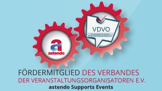 Zwei rote Zahnräder, die ineinandergreifen auf blauem Untergrund, in einem astendo, in dem anderen das Logo des Verbandes der Veranstaltungsorganisatoren