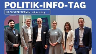 Steffen Reichardt, Andreas Holzapfel, Andreas Müller, Katrin Holzapfel, Sabrina Mehlitz, Thomas Trappe in der Hessischen Landesvertretungbl von polit-x und Andreas Holzapfel von Kürschners vor zwei Firmenaufstellern von astendo uns polit-x