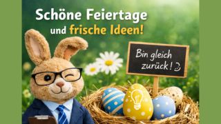 Osterhase in Businesskleidung mit Osterkörbchen wünsch Schöne Feiertage und frische Ideen