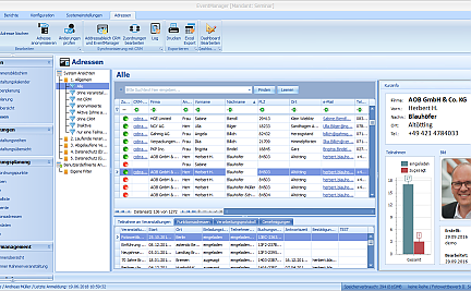 adressverwaltung-im-eventmanager Screenshot der Adressenübersicht im astendo eventManager, über die Adressen bearbeiten und gefunden werden können.