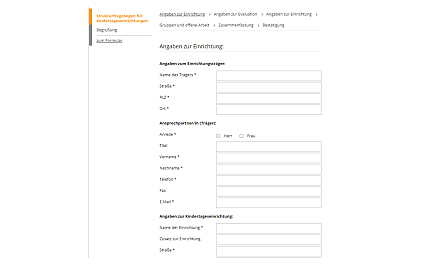 Screenshot eines Umfrageformulars aus der webExtension - hier mit spezifischen Feldern zur Abfrage von Einrichtungsdaten einer Kita.