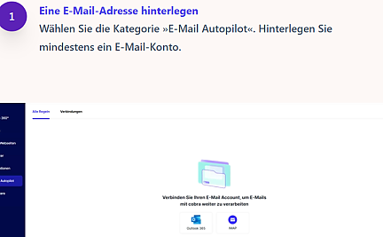 Screenshot mit Anleitung zur Einrichtung des E-Mail-Autopiloten in der cobra Cloud, Teil 1